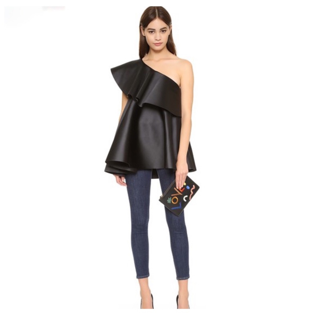 🌞 Black One Shoulder Satiny Long Ruffle Top - Picture 3 of 7